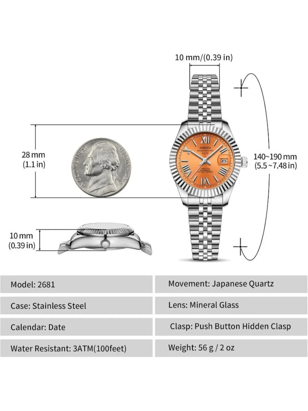 Nibosi Women's Silver And Orange Analog Stainless Steel Waterproof Luxury Watch
